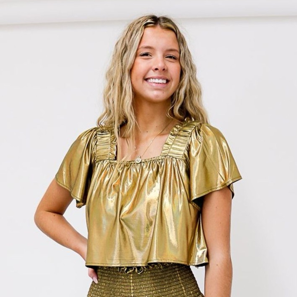 Queen of Sparkles Flutter Top Gold Womens Size L